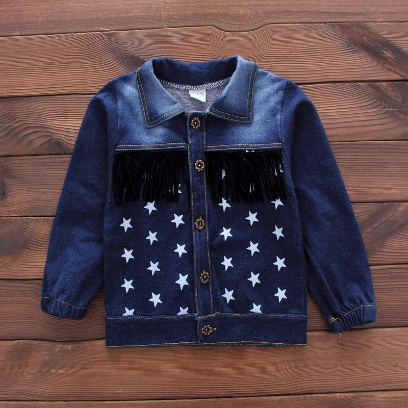 Fashion Spring Autumn Boys Denim Sports Set Kids Outfit Casual Clothes blue denim jacket with star patterns and fringe detailing