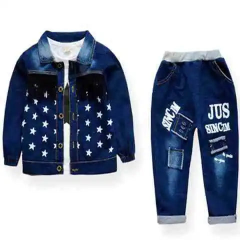 Fashion Spring Autumn Boys Denim Sports Set Kids Outfit Casual Clothes with star print jacket and patchwork pants