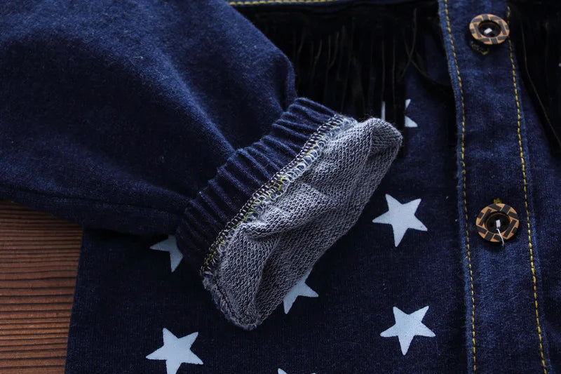 Fashion Spring Autumn Boys Denim Sports Set Kids Outfit Casual Clothes navy blue fabric with star pattern and button detail
