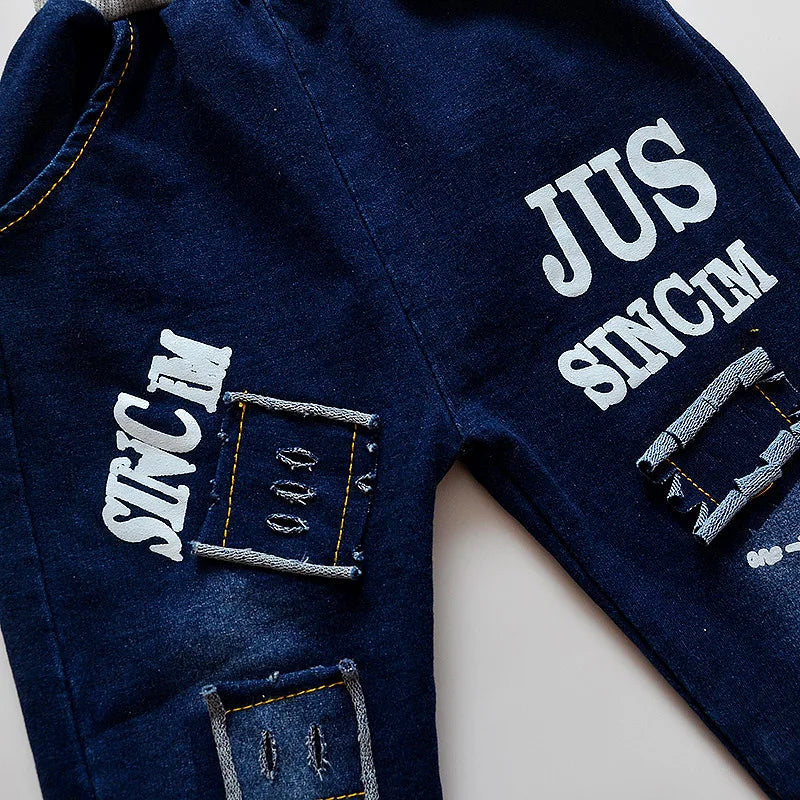 Fashion Spring Autumn Boys Denim Sports Set Kids Outfit Casual Clothes with distressed pockets and white text print