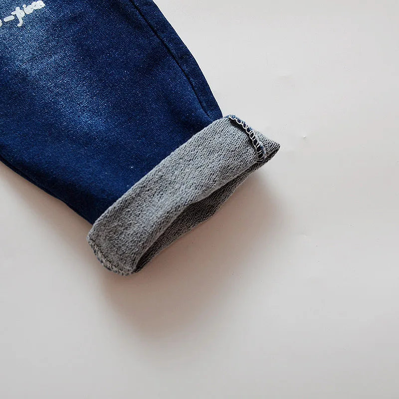 Fashion Spring Autumn Boys Denim Sports Set Kids Outfit Casual Clothes showing close-up of cuff detail in blue fabric