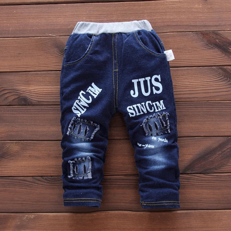 Fashion Spring Autumn Boys Denim Sports Set Kids Outfit Casual Clothes dark blue distressed denim pants with white lettering
