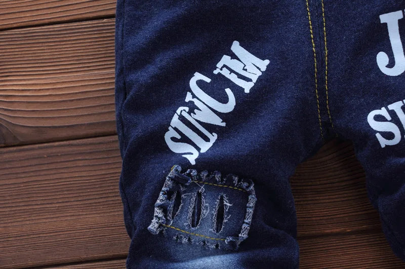 Fashion Spring Autumn Boys Denim Sports Set Kids Outfit Casual Clothes navy blue jeans with printed text and ripped patch detail