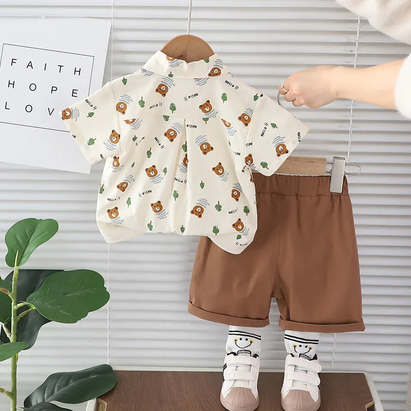 Fashion Summer Kids Cartoon T-Shirt and Denim Shorts 2PCS Casual Outfit Set with Bear Print Shirt and Brown Shorts