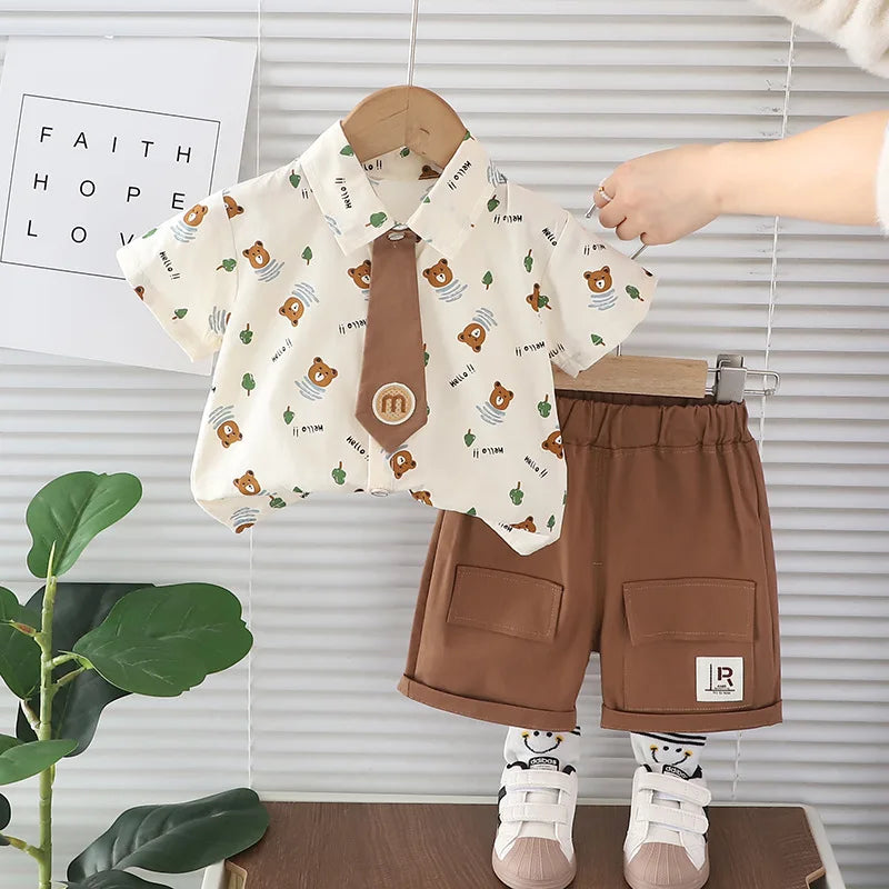 Fashion Summer Kids Cartoon T-Shirt and Denim Shorts 2PCS Casual Outfit Set with bear print shirt and brown shorts