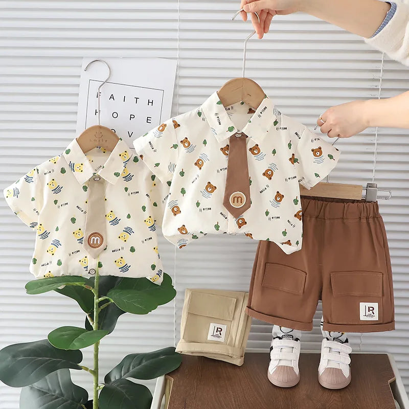 Fashion Summer Kids Cartoon T-Shirt and Denim Shorts 2PCS Casual Outfit Set by Yamza Tots Closet with brown shorts and printed shirts