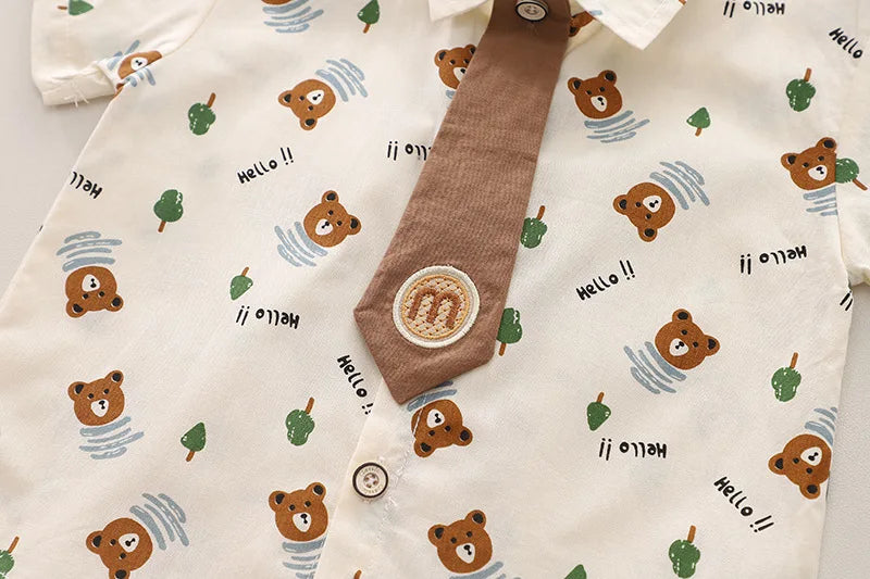 Fashion Summer Kids Cartoon T-Shirt and Denim Shorts 2PCS Casual Outfit Set with bear print and brown tie