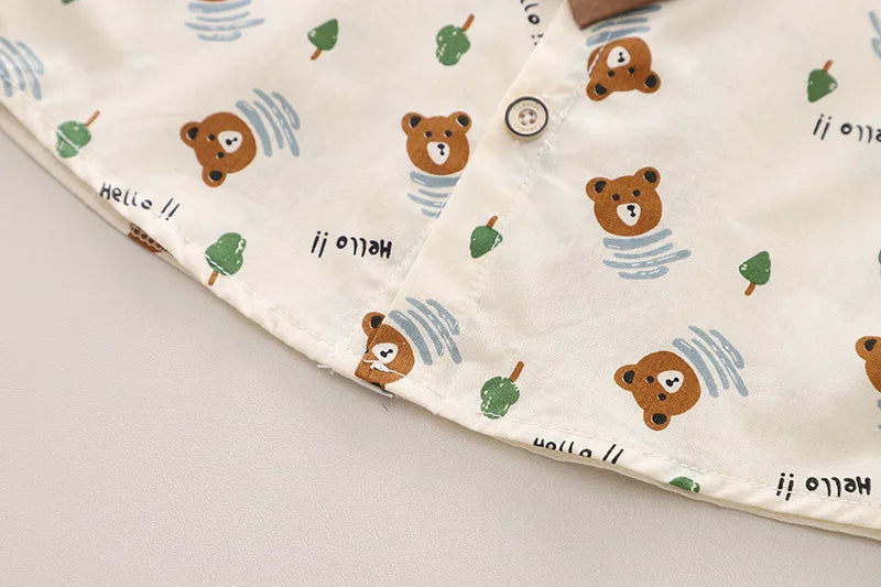 Fashion Summer Kids Cartoon T-Shirt and Denim Shorts 2PCS Casual Outfit Set with cute bear print on white fabric
