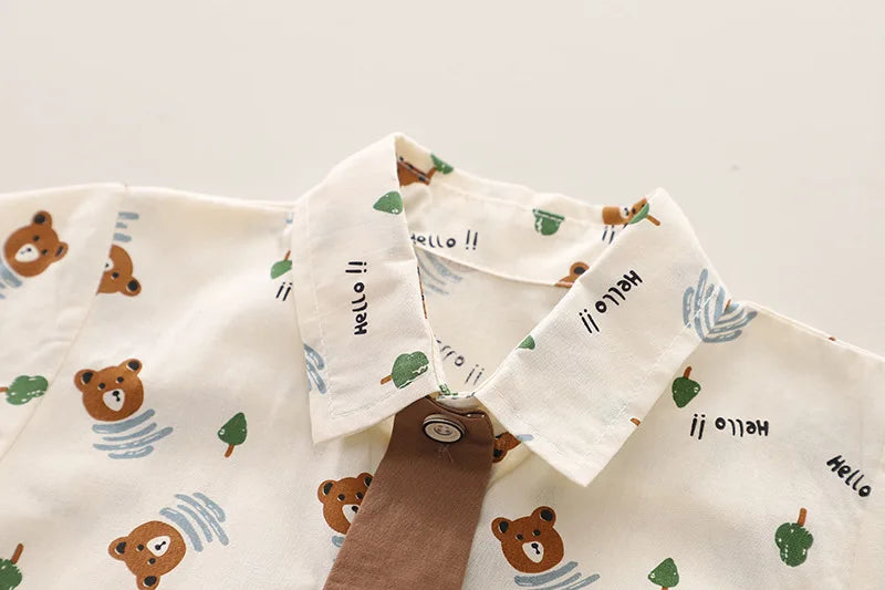 Fashion Summer Kids Cartoon T-Shirt and Denim Shorts 2PCS Casual Outfit Set with bear print collar detail