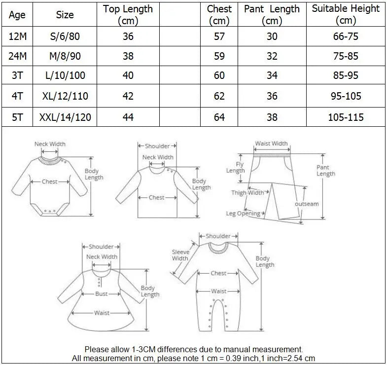 Yamza Tots' Closet Fashion Summer Kids Cartoon T-Shirt and Denim Shorts 2PCS Casual Outfit Set size chart with measurements