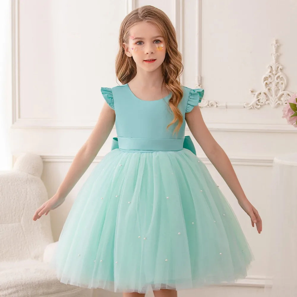Fairy Princess Lace Party Dress for Girls Dance Stage Cosplay Costume Outfit in light blue with tulle skirt and ruffle sleeves