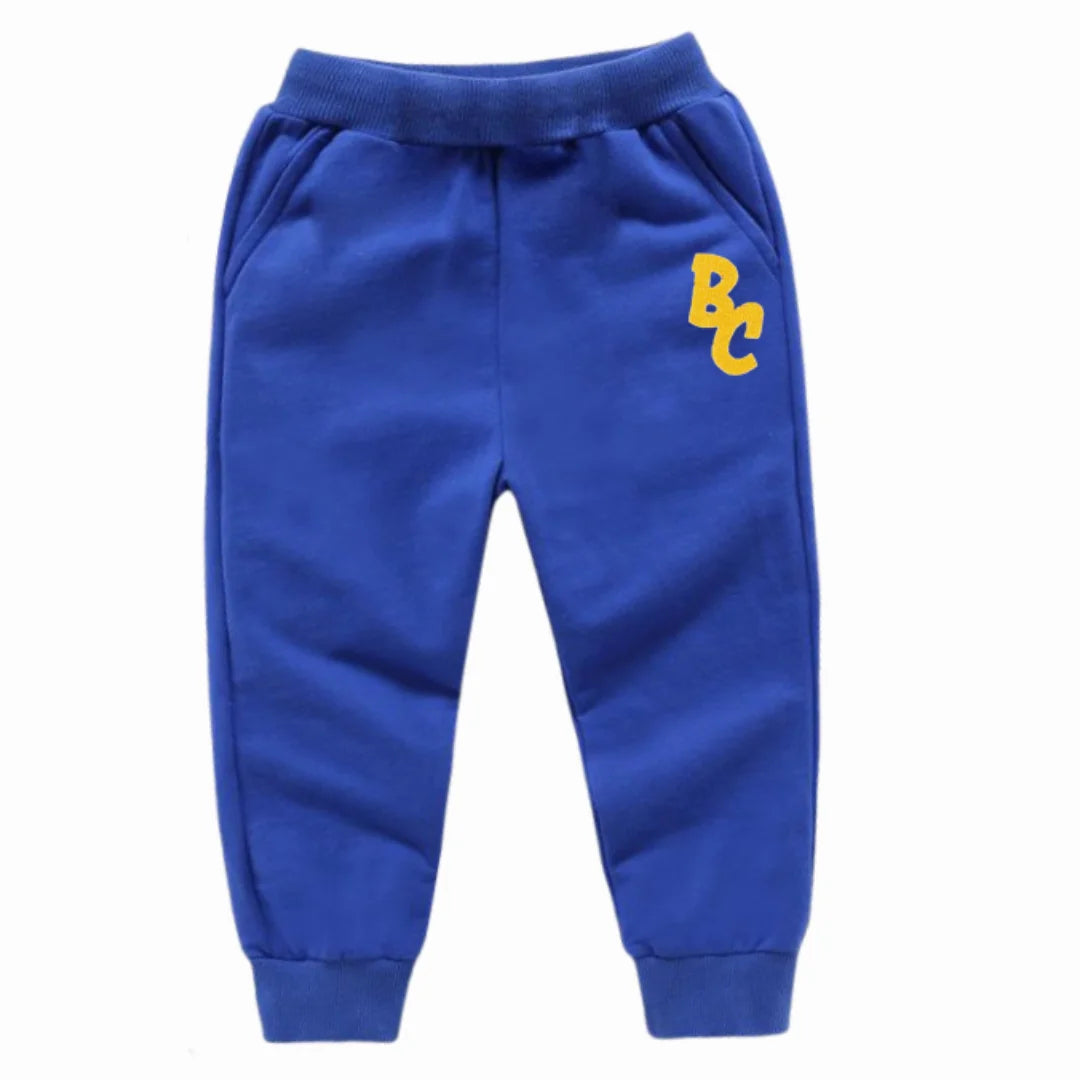 Blue casual pants for kids from Yamza Tots' Closet with BC logo, part of Full Sleeve Sweatshirts and Casual Pants Come with Fun Cartoon Designs