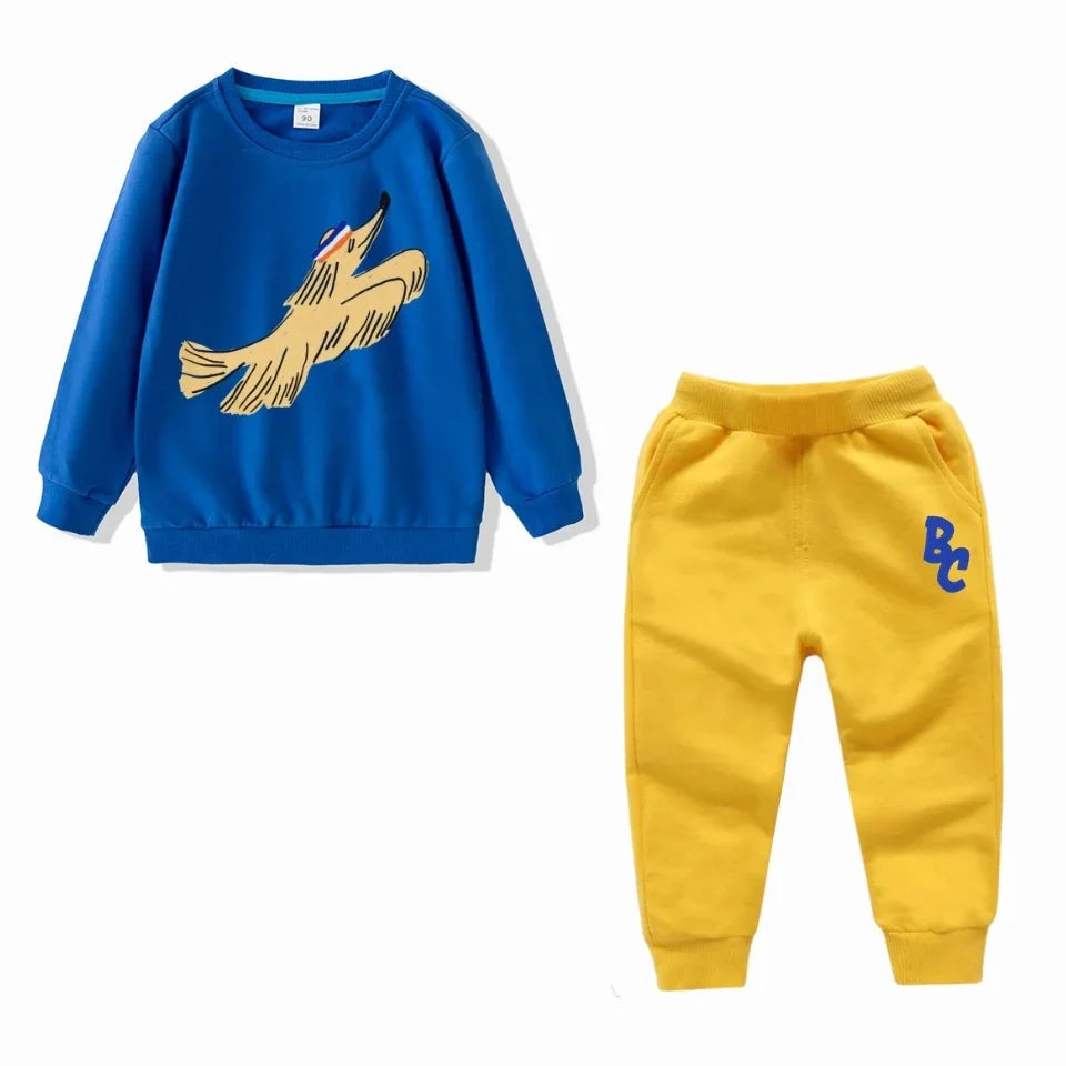 Full Sleeve Sweatshirts and Casual Pants Come with Fun Cartoon Designs featuring blue sweatshirt with dog print and yellow pants