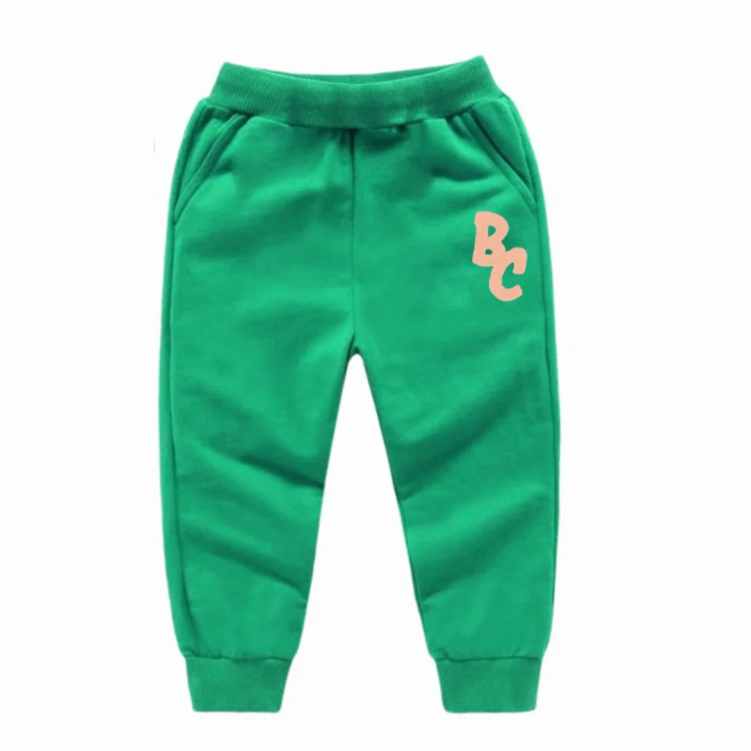 Green casual pants with BC logo for kids from Yamza Tots' Closet Full Sleeve Sweatshirts and Casual Pants Come with Fun Cartoon Designs