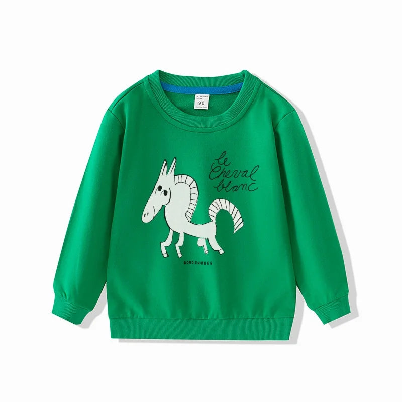Green full sleeve sweatshirt with fun cartoon horse design by Yamza Tots' Closet Full Sleeve Sweatshirts and Casual Pants Come with Fun Cartoon Designs