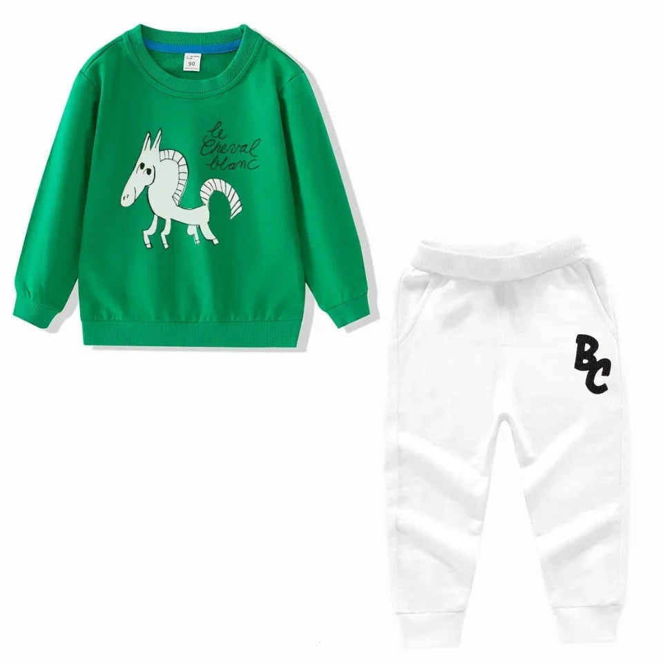 Full Sleeve Sweatshirts and Casual Pants Come with Fun Cartoon Designs green sweatshirt with horse and white pants set