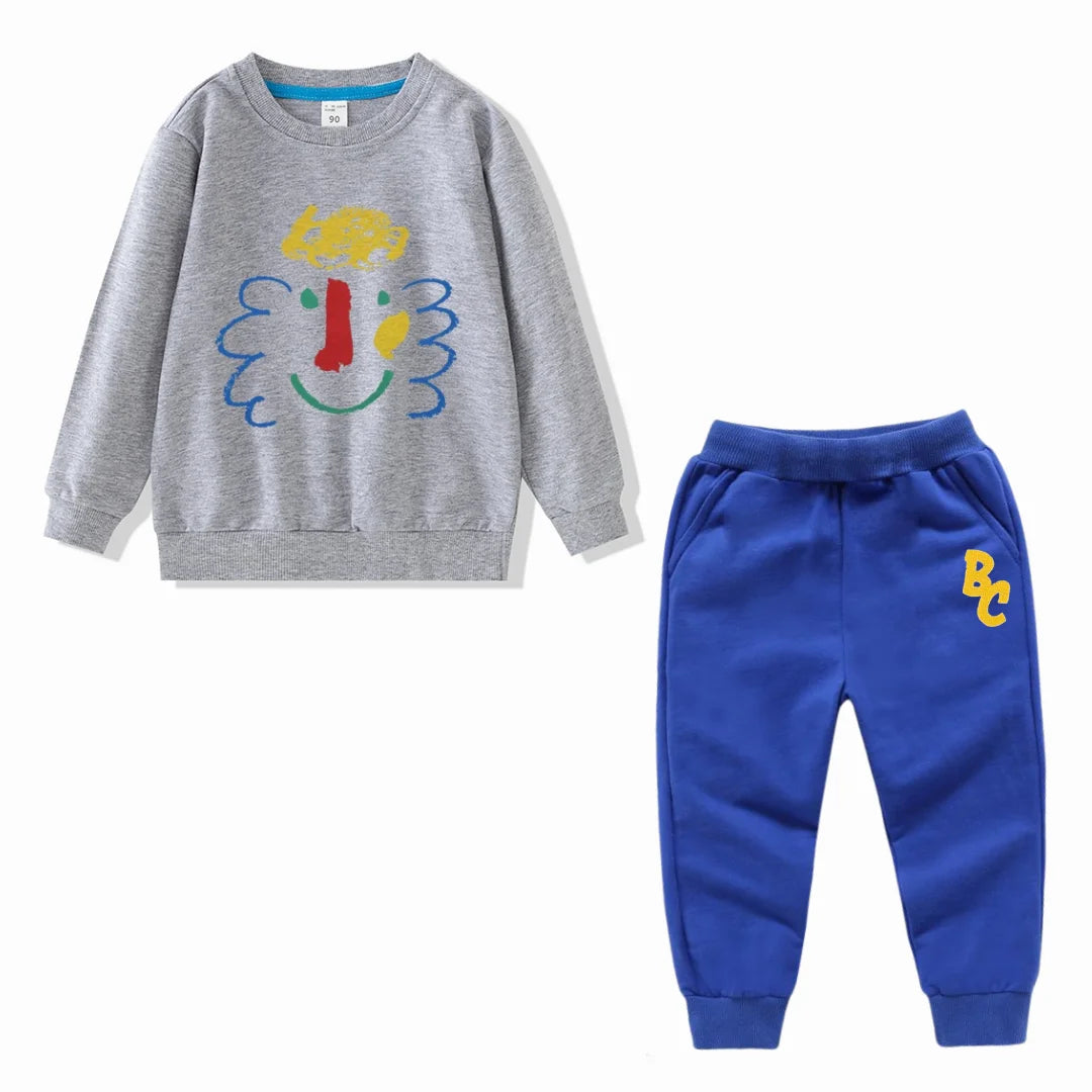Full Sleeve Sweatshirts and Casual Pants Come with Fun Cartoon Designs featuring gray sweatshirt and blue pants for kids