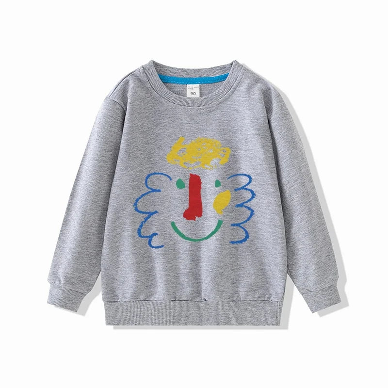 Gray kids full sleeve sweatshirt with colorful fun cartoon face design from Yamza Tots' Closet Full Sleeve Sweatshirts and Casual Pants Come with Fun Cartoon Designs