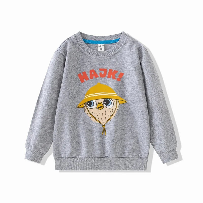 Yamza Tots' Closet gray sweatshirt with full sleeve featuring a fun cartoon owl design and text HAJK full sleeve sweatshirts and casual pants come with fun cartoon designs
