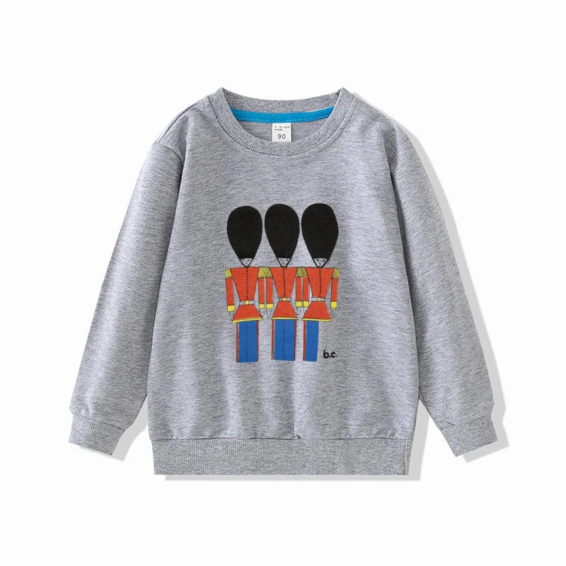 Gray full sleeve sweatshirt by Yamza Tots' Closet with fun cartoon design of three toy soldiers Full Sleeve Sweatshirts and Casual Pants Come with Fun Cartoon Designs