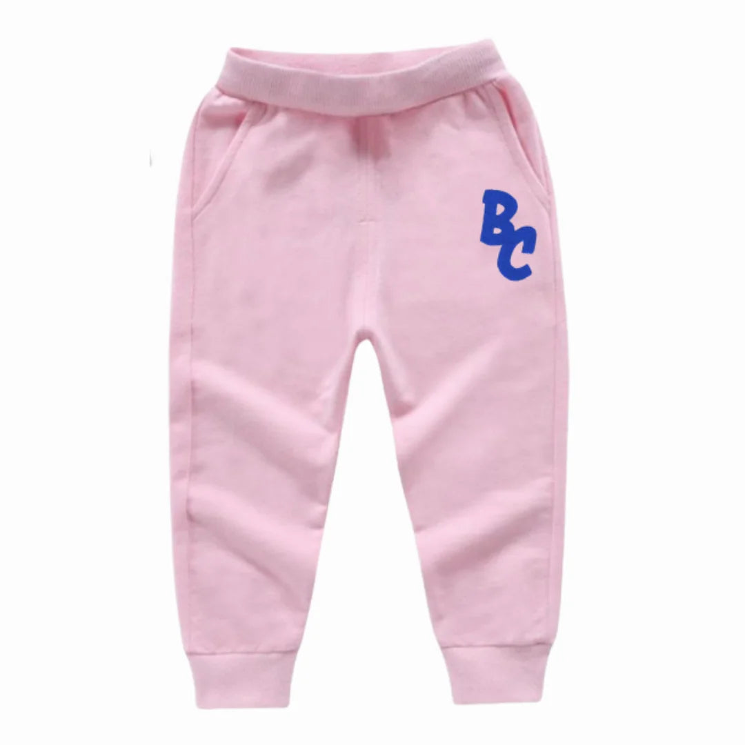 Pink casual pants for kids with blue BC logo by Yamza Tots' Closet Full Sleeve Sweatshirts and Casual Pants Come with Fun Cartoon Designs