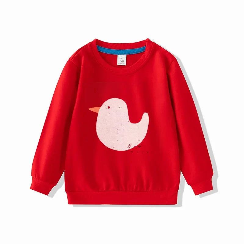 Red full sleeve sweatshirt with a fun cartoon duck design from Yamza Tots' Closet Full Sleeve Sweatshirts and Casual Pants Come with Fun Cartoon Designs