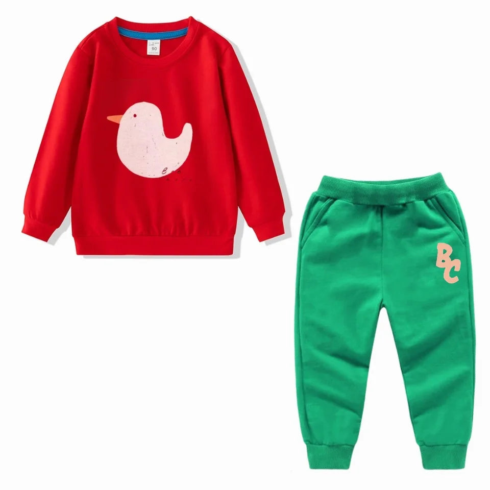 Full Sleeve Sweatshirts and Casual Pants Come with Fun Cartoon Designs red sweatshirt with bird and green pants set