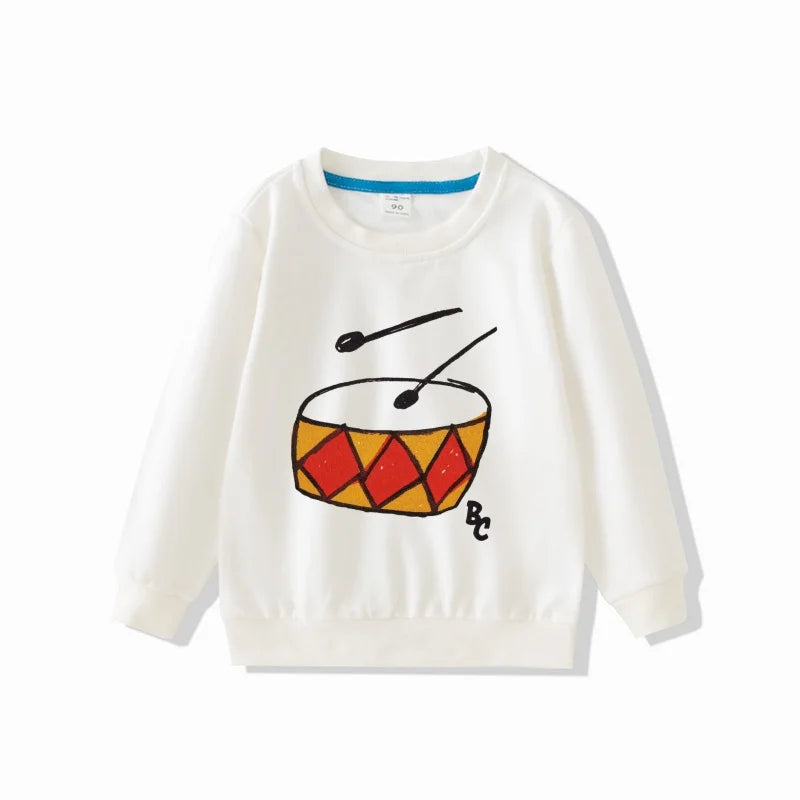 White full sleeve sweatshirt with fun cartoon drum design from Yamza Tots' Closet Full Sleeve Sweatshirts and Casual Pants Come with Fun Cartoon Designs