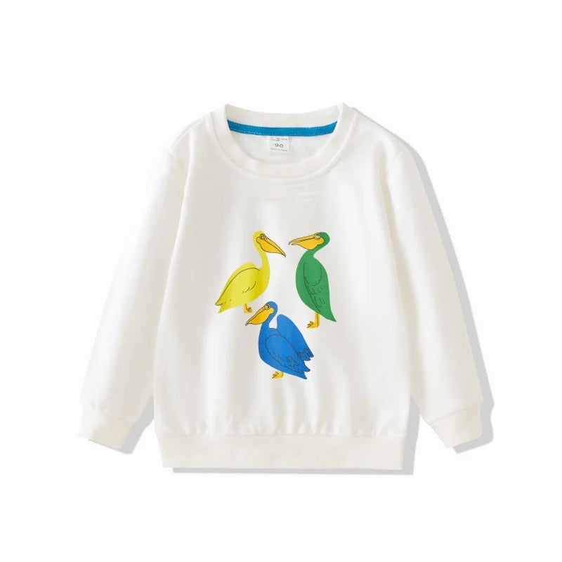 White full sleeve sweatshirt from Yamza Tots' Closet featuring colorful bird cartoon designs Full Sleeve Sweatshirts and Casual Pants Come with Fun Cartoon Designs