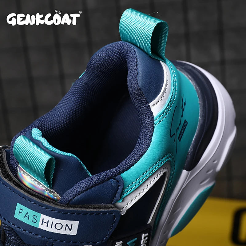 Fashion Kids Running Outdoor Breathable Lightweight Sneakers Boys Girls Shoes in blue and teal with cushioned collar and velcro strap