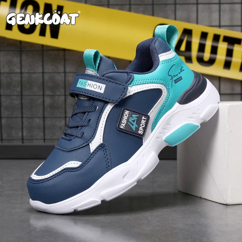 Fashion Kids Running Outdoor Breathable Lightweight Sneakers Boys Girls Shoes in navy and teal with white sole