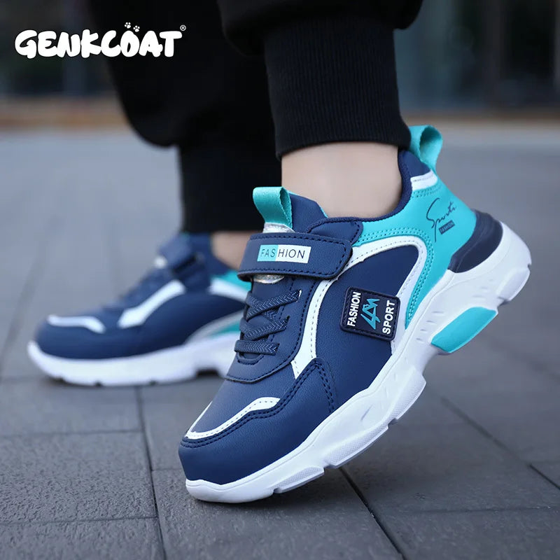 Fashion Kids Running Outdoor Breathable Lightweight Sneakers Boys Girls Shoes in navy blue with teal accents