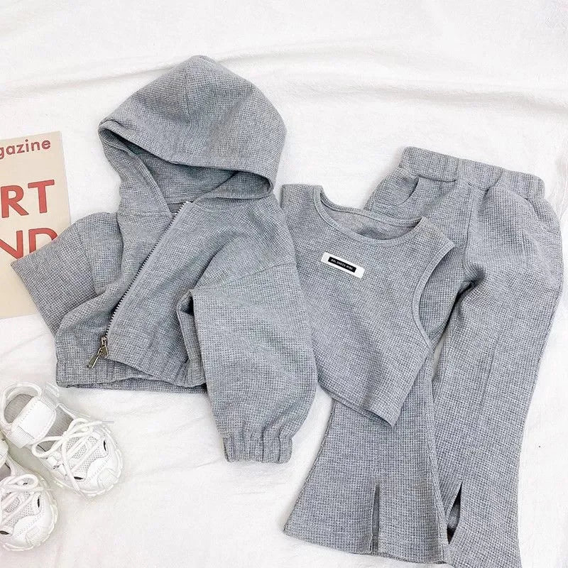 Girls Fall Winter Cotton 3Pcs Outfit Set Coat Top and Pants Tracksuit in grey with hooded jacket and flared pants