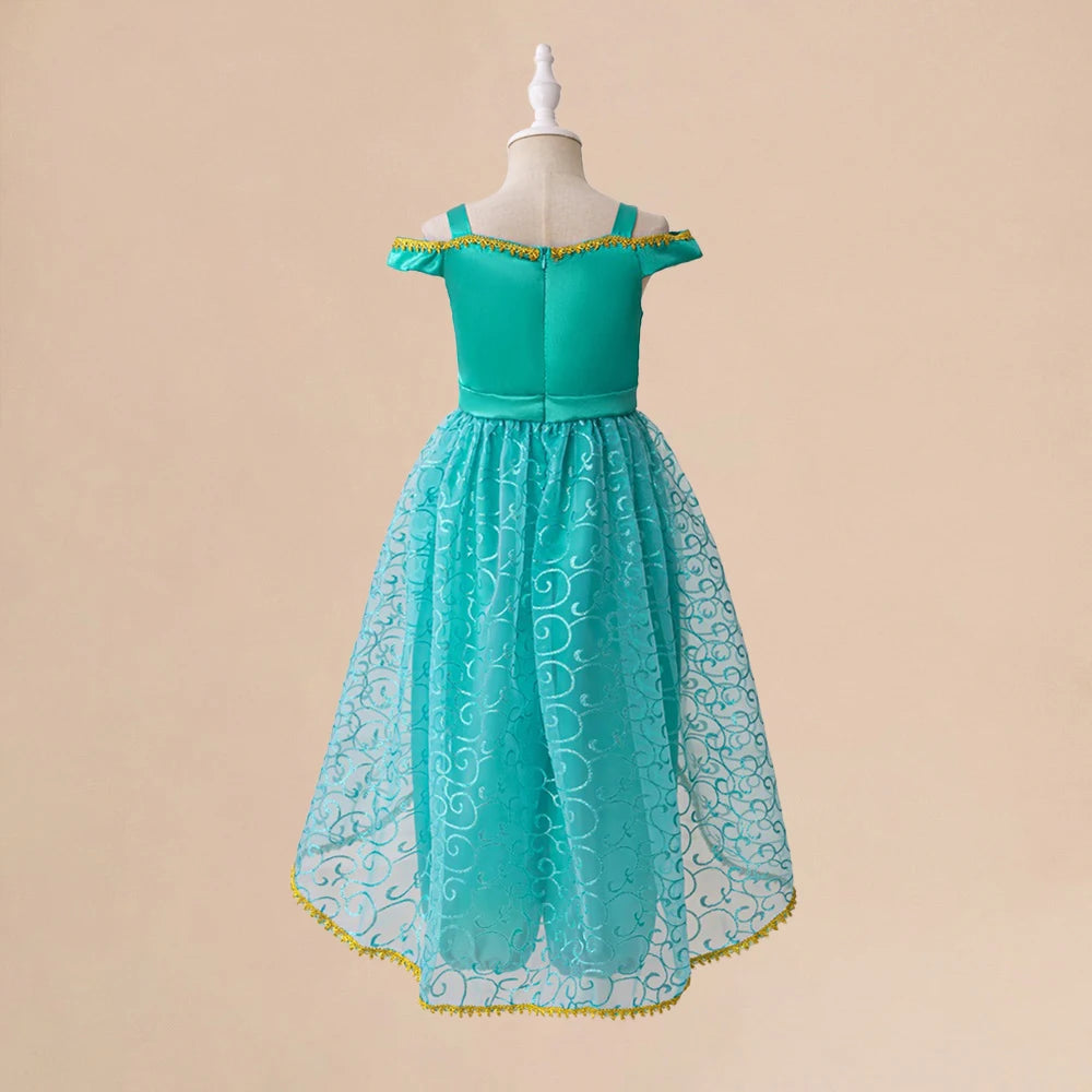 Girl Fashion Party Dress Exotic Sequin Beaded Tulle Tutu Gown Kids Holiday Wear in teal blue with gold trim