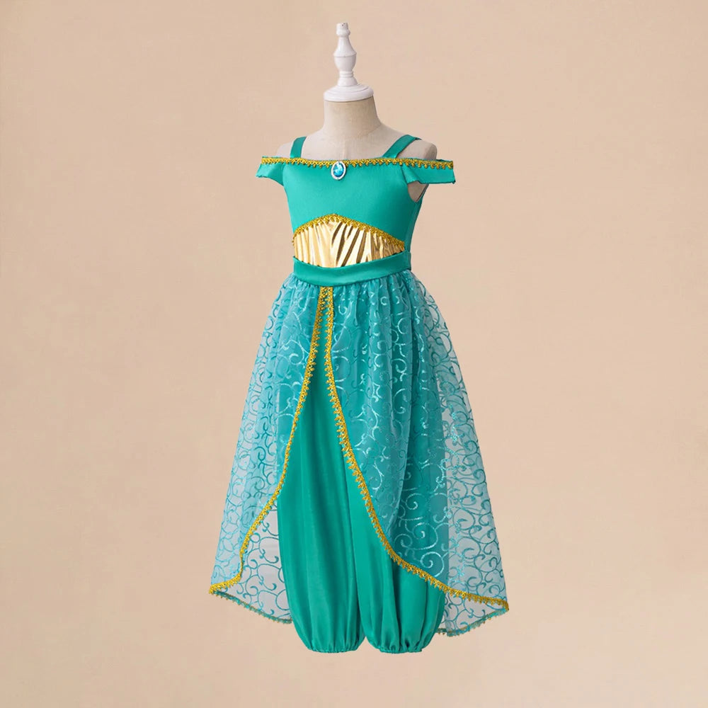 Girl Fashion Party Dress Exotic Sequin Beaded Tulle Tutu Gown Kids Holiday Wear in turquoise with gold trim on mannequin
