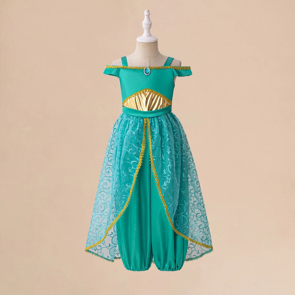 Girl Fashion Party Dress Exotic Sequin Beaded Tulle Tutu Gown Kids Holiday Wear in turquoise with gold accents on mannequin