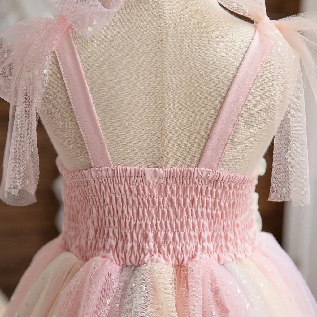 Girl Rainbow Sequins Tulle Birthday Party dress with pink straps and glittery tulle bows