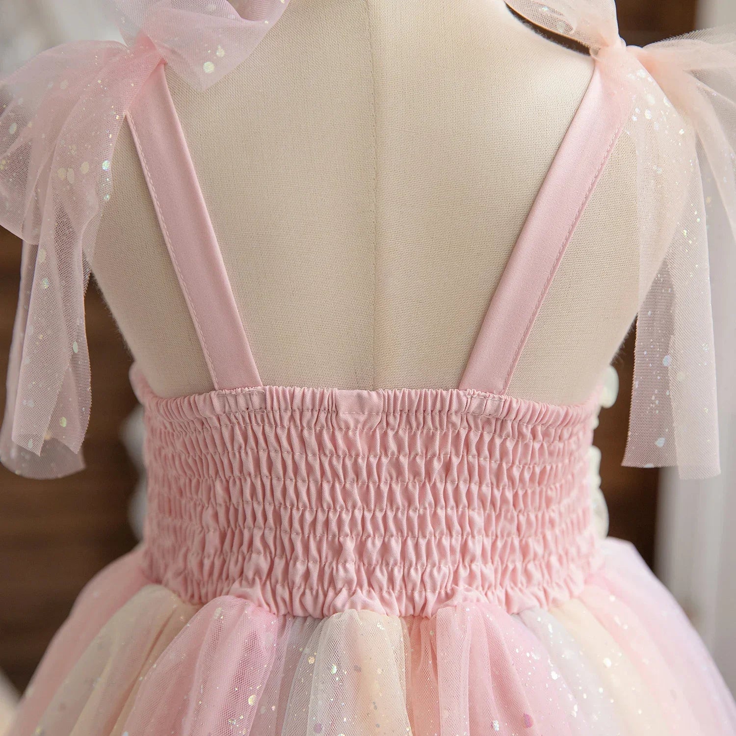Girl Rainbow Sequins Tulle Birthday Party dress with pink straps and glittery tulle bows