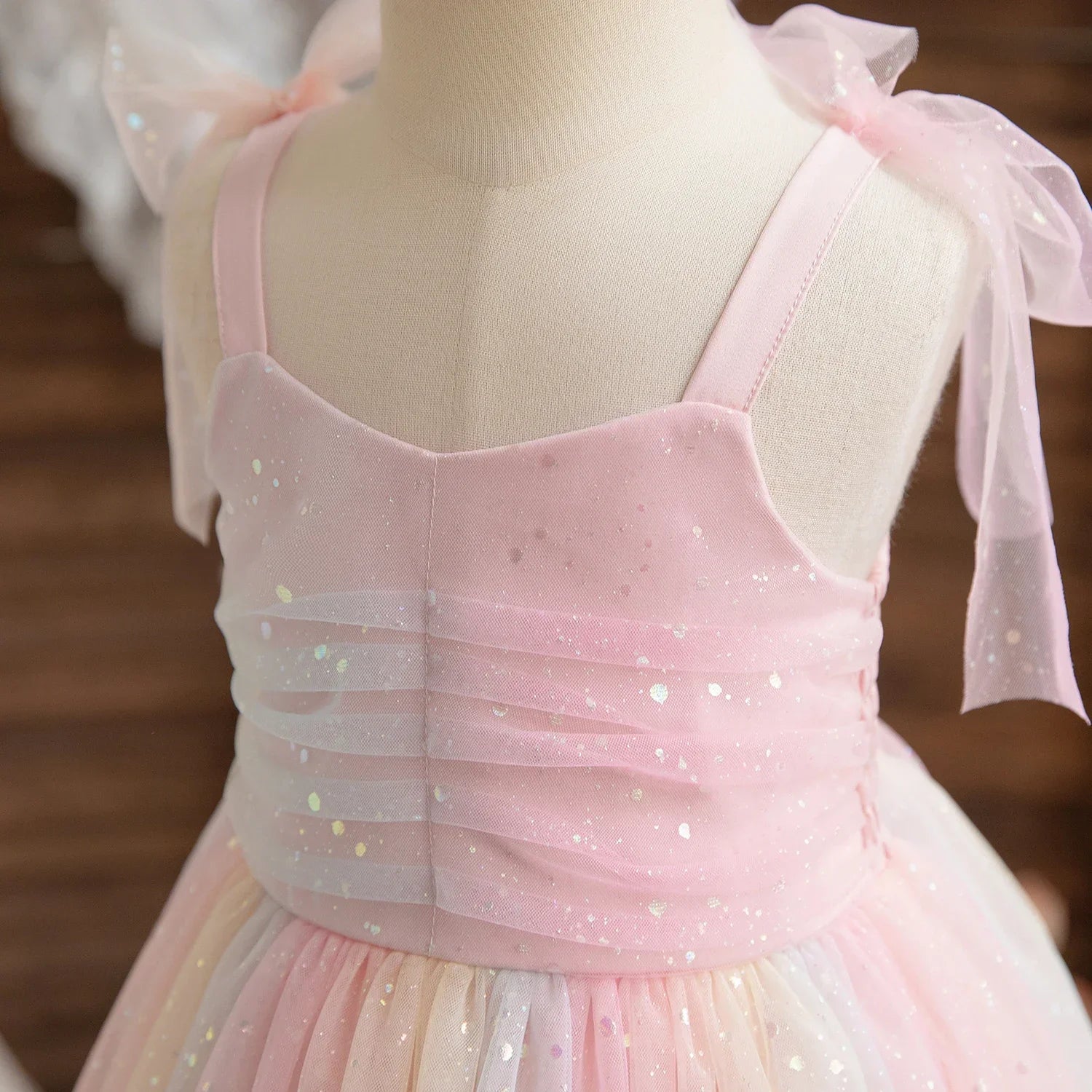 Girl Rainbow Sequins Tulle Birthday Party dress in pink with sparkling details and ribbon straps by Yamza Tots Closet