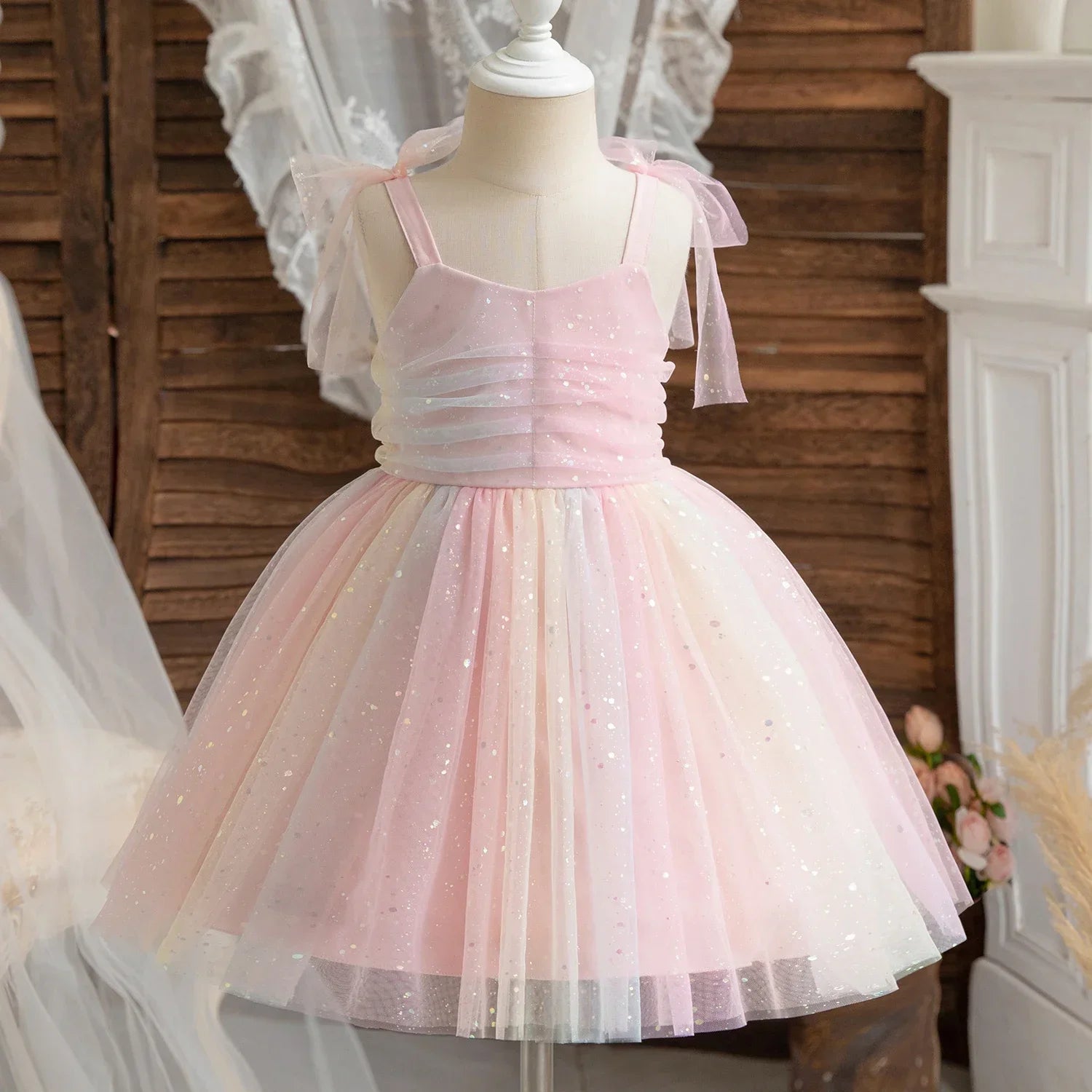 Girl Rainbow Sequins Tulle Birthday Party dress in pastel pink with sparkle details by Yamza Tots' Closet
