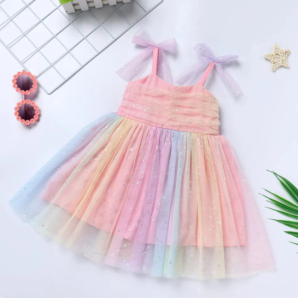 Girl Rainbow Sequins Tulle Birthday Party dress with pastel colors and bow straps by Yamza Tots' Closet
