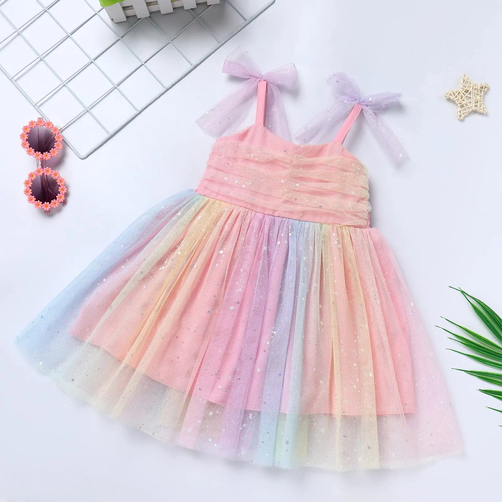 Girl Rainbow Sequins Tulle Birthday Party dress with pastel colors and bow straps by Yamza Tots' Closet