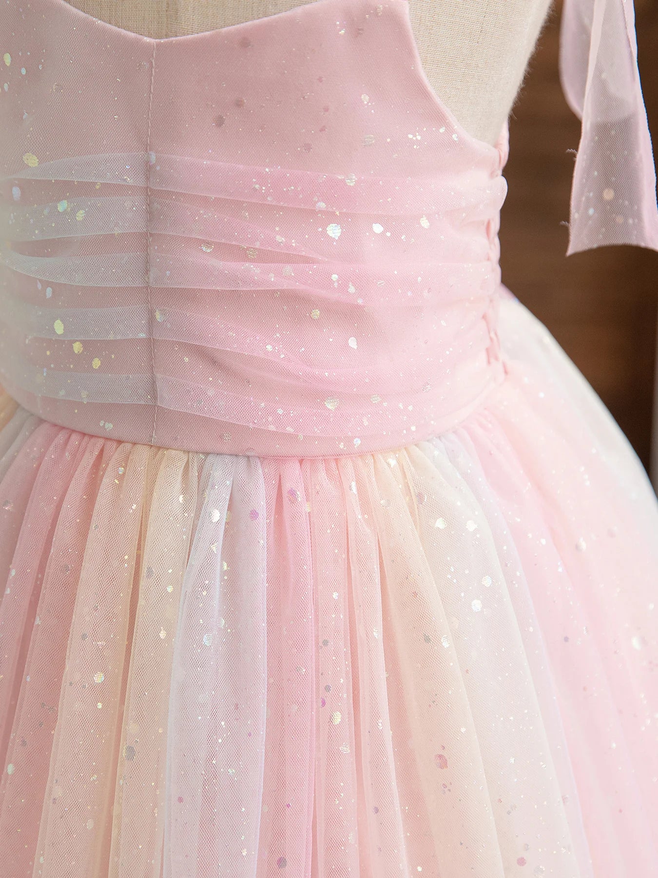 Girl Rainbow Sequins Tulle Birthday Party dress in soft pink with sparkly multicolor sequins and layered tulle skirt