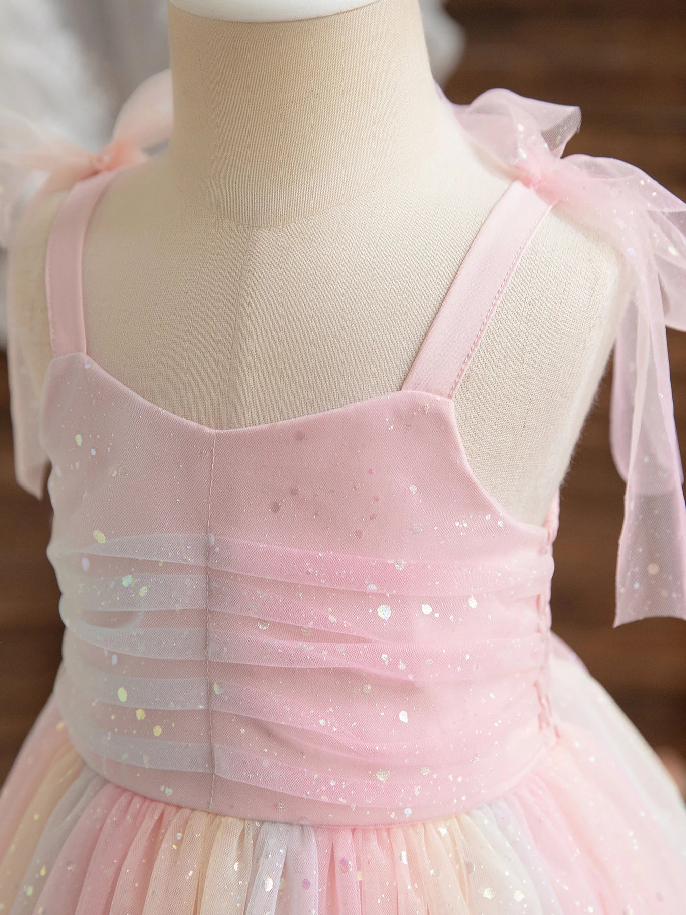Pink Girl Rainbow Sequins Tulle Birthday Party dress with sparkly layered tulle and ribbon shoulder straps