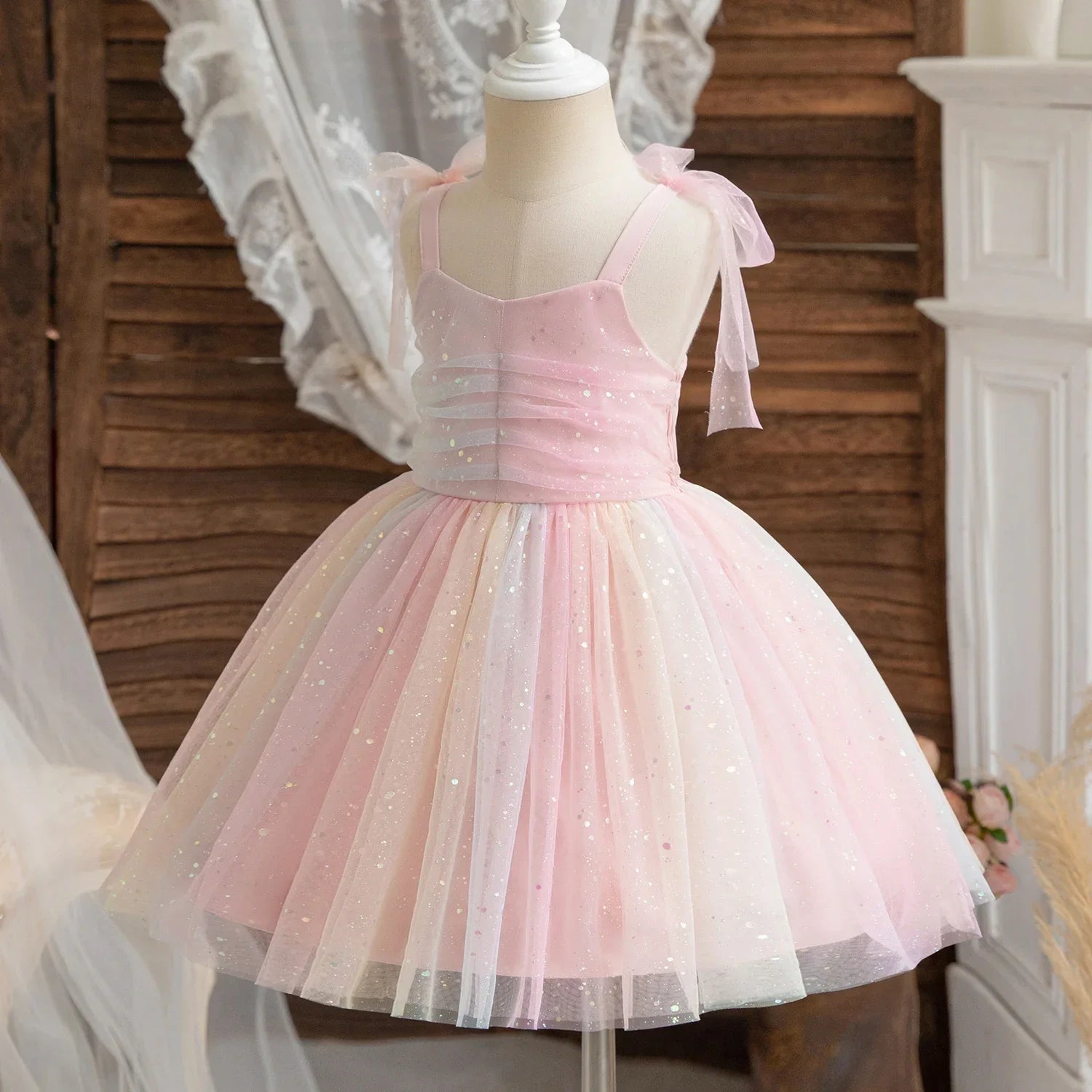 Girl Rainbow Sequins Tulle Birthday Party dress in pink with sparkling sequins and shoulder bows