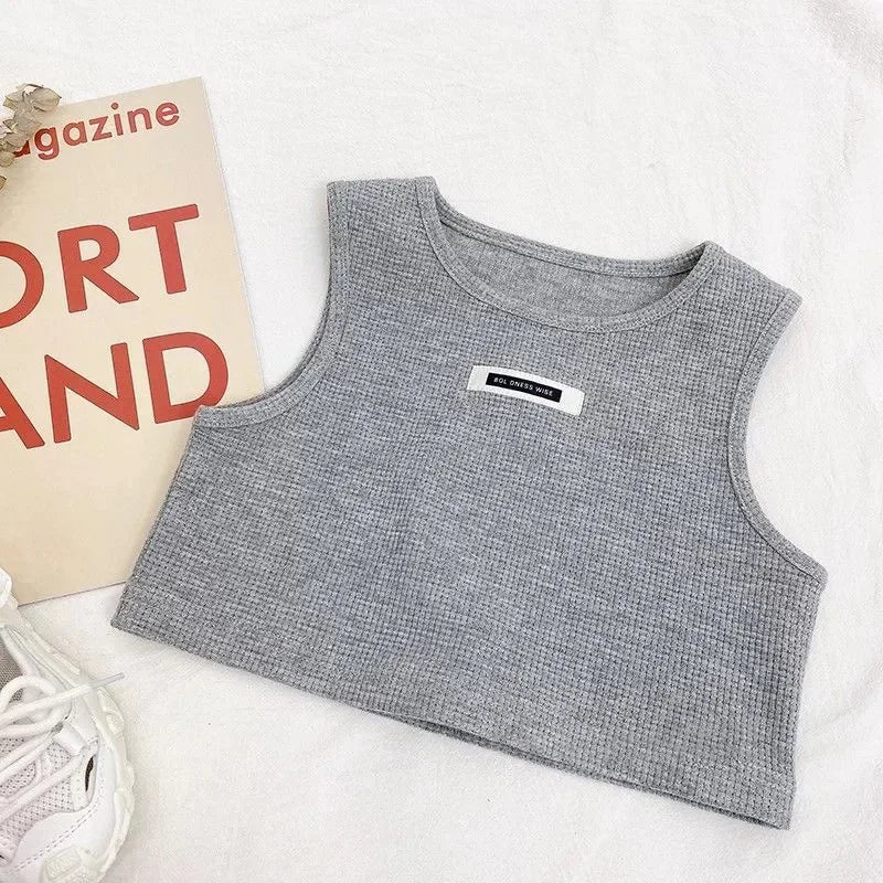 Girls Fall Winter Cotton 3Pcs Outfit Set Coat Top and Pants Tracksuit gray sleeveless textured crop top