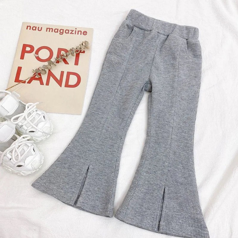 Gray ribbed knit flared pants from Girls Fall Winter Cotton 3Pcs Outfit Set coat top pants tracksuit by Yamza Tots Closet