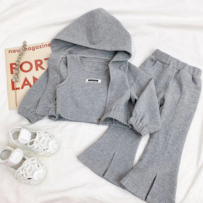 Girls Fall Winter Cotton 3Pcs Outfit Set Coat Top and Pants Tracksuit in gray with hooded jacket and flared pants