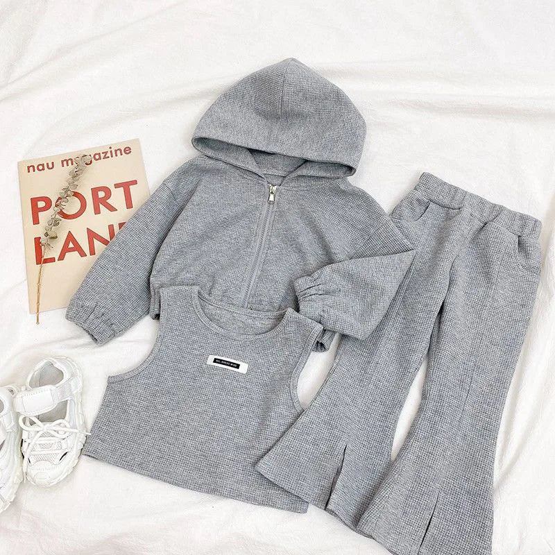 Girls Fall Winter Cotton 3Pcs Outfit Set Coat Top and Pants Tracksuit in gray with hooded jacket and flared pants  