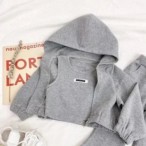 Girls Fall Winter Cotton 3Pcs Outfit Set Coat Top and Pants Tracksuit in gray with hooded jacket